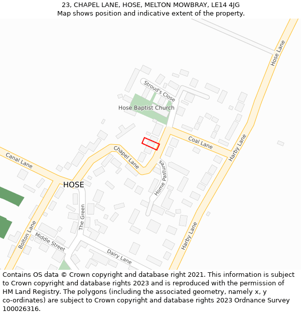 23, CHAPEL LANE, HOSE, MELTON MOWBRAY, LE14 4JG: Location map and indicative extent of plot