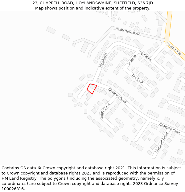 23, CHAPPELL ROAD, HOYLANDSWAINE, SHEFFIELD, S36 7JD: Location map and indicative extent of plot