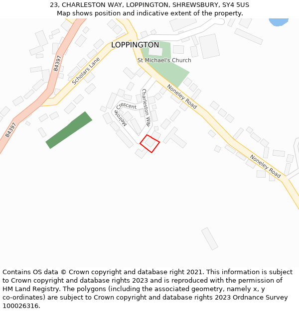 23, CHARLESTON WAY, LOPPINGTON, SHREWSBURY, SY4 5US: Location map and indicative extent of plot