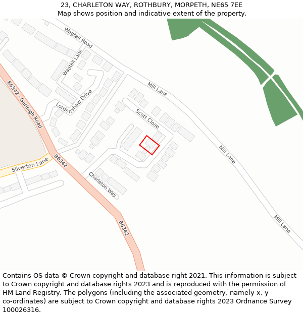 23, CHARLETON WAY, ROTHBURY, MORPETH, NE65 7EE: Location map and indicative extent of plot