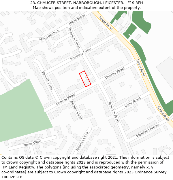 23, CHAUCER STREET, NARBOROUGH, LEICESTER, LE19 3EH: Location map and indicative extent of plot