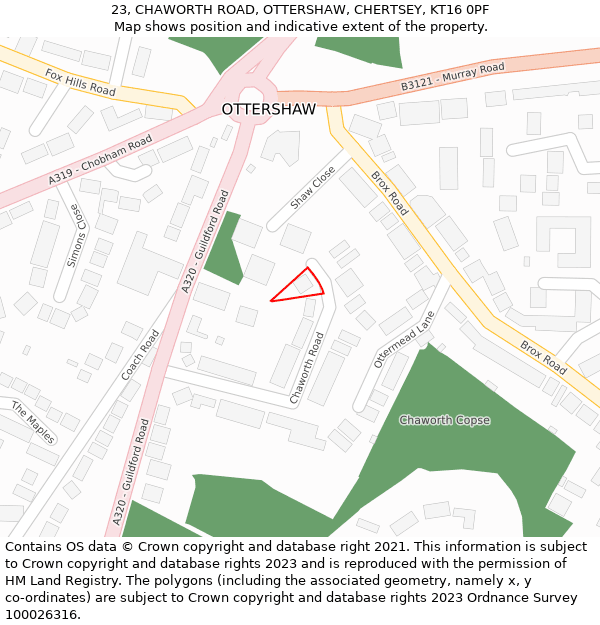 23, CHAWORTH ROAD, OTTERSHAW, CHERTSEY, KT16 0PF: Location map and indicative extent of plot