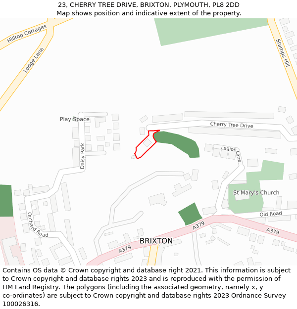 23, CHERRY TREE DRIVE, BRIXTON, PLYMOUTH, PL8 2DD: Location map and indicative extent of plot