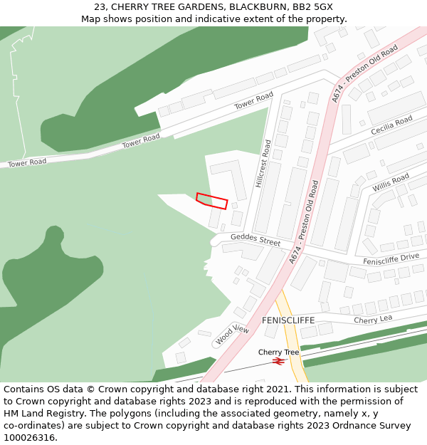 23, CHERRY TREE GARDENS, BLACKBURN, BB2 5GX: Location map and indicative extent of plot