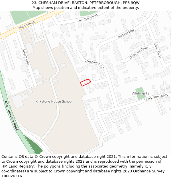 23, CHESHAM DRIVE, BASTON, PETERBOROUGH, PE6 9QW: Location map and indicative extent of plot