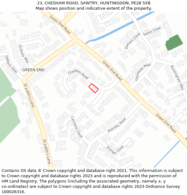 23, CHESHAM ROAD, SAWTRY, HUNTINGDON, PE28 5XB: Location map and indicative extent of plot