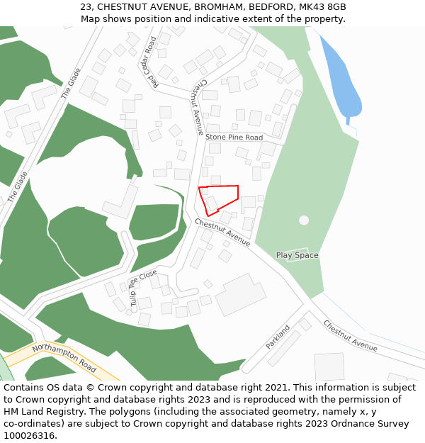 23, CHESTNUT AVENUE, BROMHAM, BEDFORD, MK43 8GB: Location map and indicative extent of plot