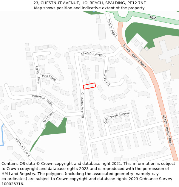 23, CHESTNUT AVENUE, HOLBEACH, SPALDING, PE12 7NE: Location map and indicative extent of plot