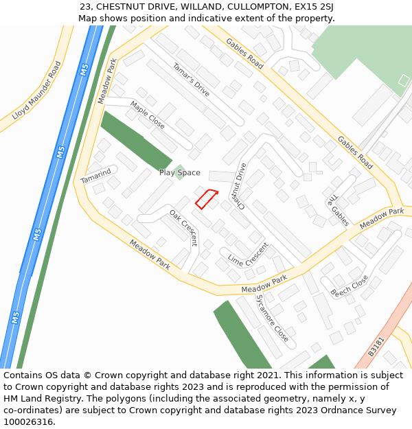 23, CHESTNUT DRIVE, WILLAND, CULLOMPTON, EX15 2SJ: Location map and indicative extent of plot