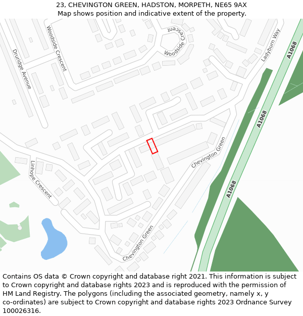 23, CHEVINGTON GREEN, HADSTON, MORPETH, NE65 9AX: Location map and indicative extent of plot