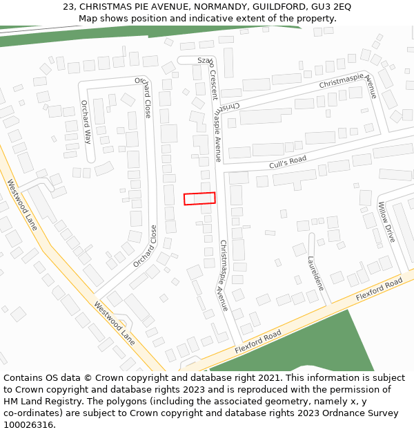 23, CHRISTMAS PIE AVENUE, NORMANDY, GUILDFORD, GU3 2EQ: Location map and indicative extent of plot