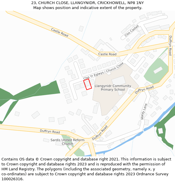 23, CHURCH CLOSE, LLANGYNIDR, CRICKHOWELL, NP8 1NY: Location map and indicative extent of plot