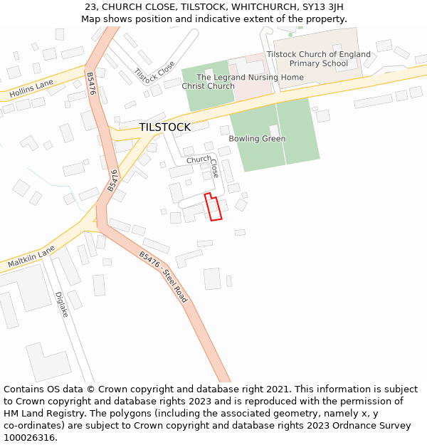 23, CHURCH CLOSE, TILSTOCK, WHITCHURCH, SY13 3JH: Location map and indicative extent of plot