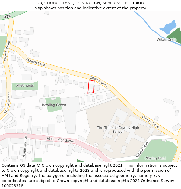 23, CHURCH LANE, DONINGTON, SPALDING, PE11 4UD: Location map and indicative extent of plot