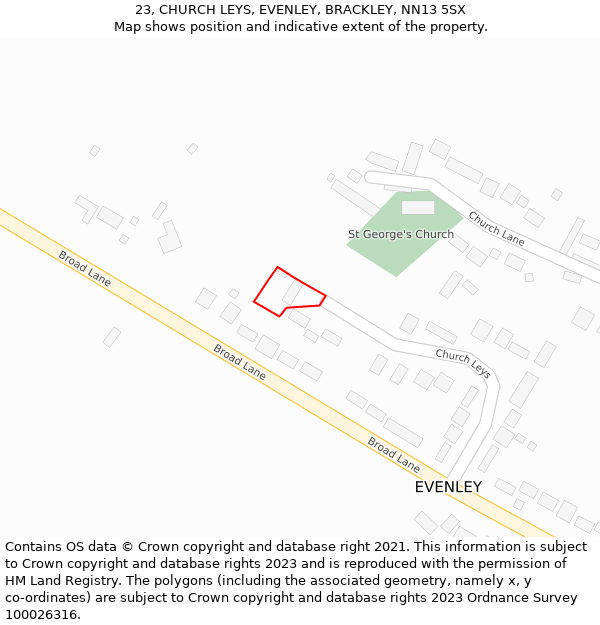 23, CHURCH LEYS, EVENLEY, BRACKLEY, NN13 5SX: Location map and indicative extent of plot