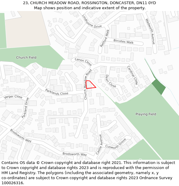 23, CHURCH MEADOW ROAD, ROSSINGTON, DONCASTER, DN11 0YD: Location map and indicative extent of plot