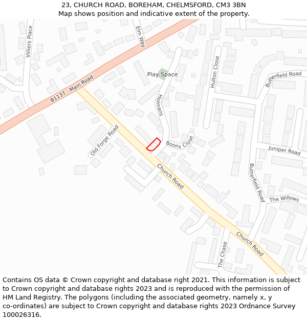 23, CHURCH ROAD, BOREHAM, CHELMSFORD, CM3 3BN: Location map and indicative extent of plot