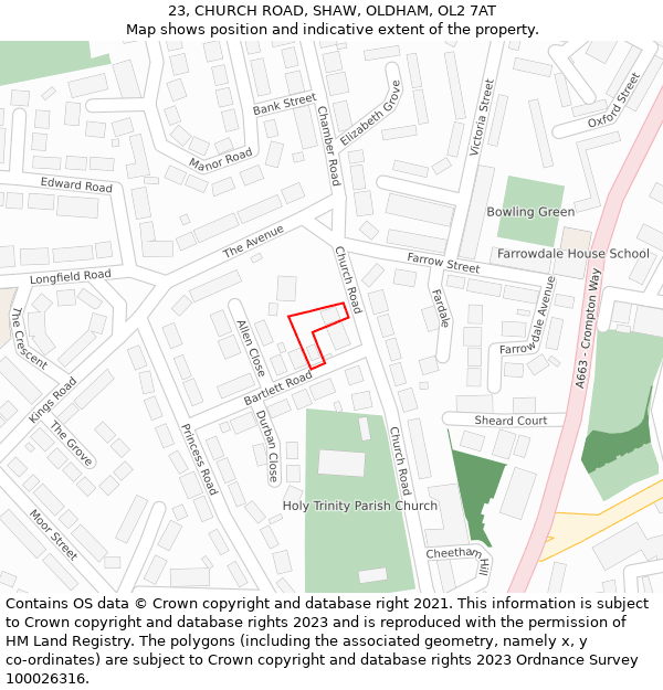 23, CHURCH ROAD, SHAW, OLDHAM, OL2 7AT: Location map and indicative extent of plot