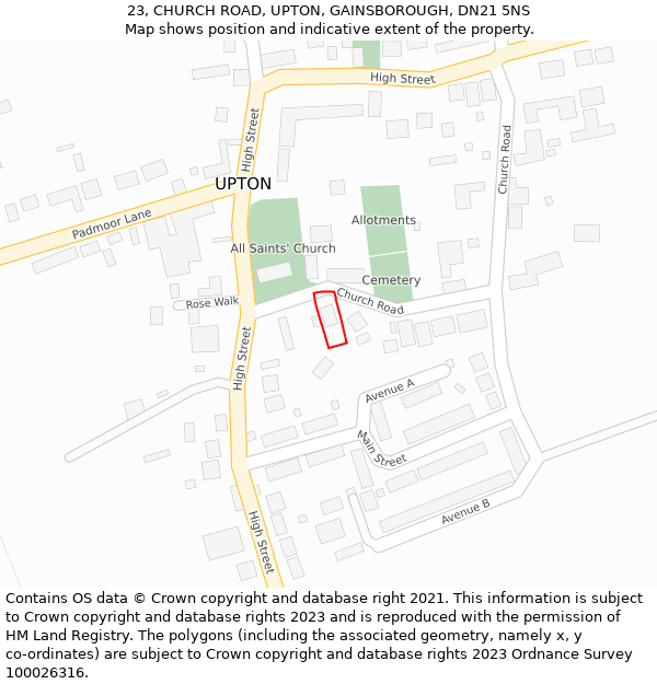23, CHURCH ROAD, UPTON, GAINSBOROUGH, DN21 5NS: Location map and indicative extent of plot