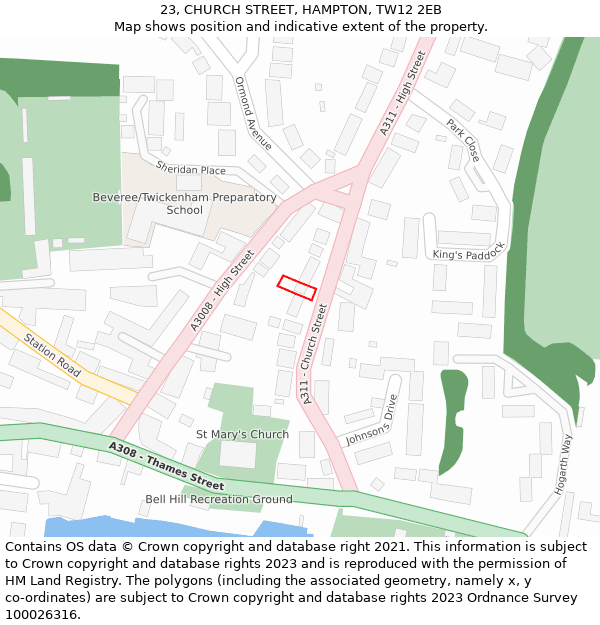 23, CHURCH STREET, HAMPTON, TW12 2EB: Location map and indicative extent of plot