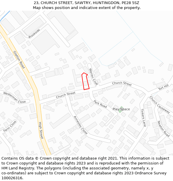 23, CHURCH STREET, SAWTRY, HUNTINGDON, PE28 5SZ: Location map and indicative extent of plot