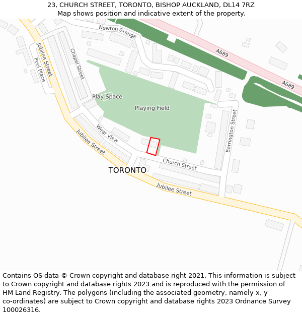 23, CHURCH STREET, TORONTO, BISHOP AUCKLAND, DL14 7RZ: Location map and indicative extent of plot