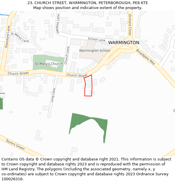 23, CHURCH STREET, WARMINGTON, PETERBOROUGH, PE8 6TE: Location map and indicative extent of plot