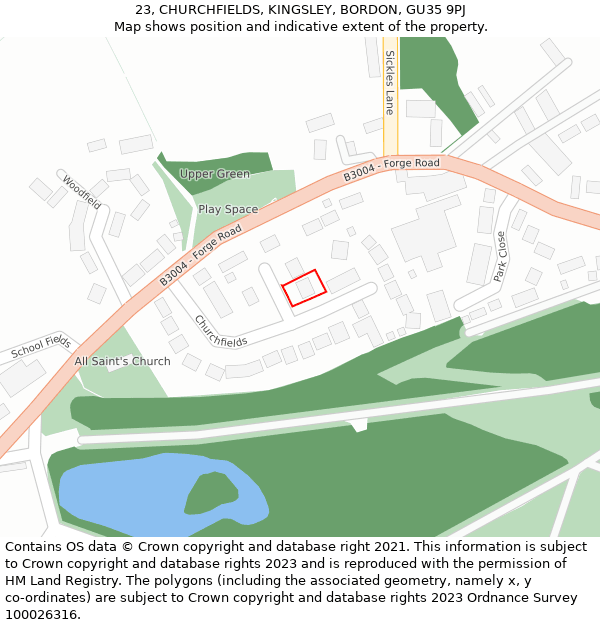 23, CHURCHFIELDS, KINGSLEY, BORDON, GU35 9PJ: Location map and indicative extent of plot