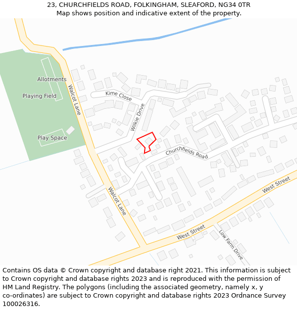 23, CHURCHFIELDS ROAD, FOLKINGHAM, SLEAFORD, NG34 0TR: Location map and indicative extent of plot