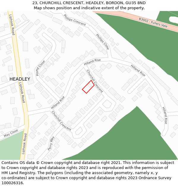 23, CHURCHILL CRESCENT, HEADLEY, BORDON, GU35 8ND: Location map and indicative extent of plot