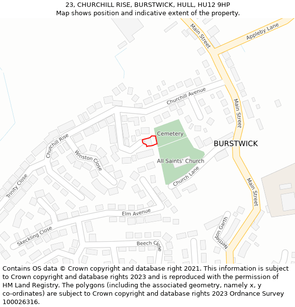 23, CHURCHILL RISE, BURSTWICK, HULL, HU12 9HP: Location map and indicative extent of plot