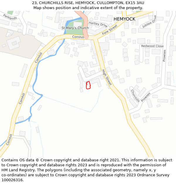 23, CHURCHILLS RISE, HEMYOCK, CULLOMPTON, EX15 3AU: Location map and indicative extent of plot