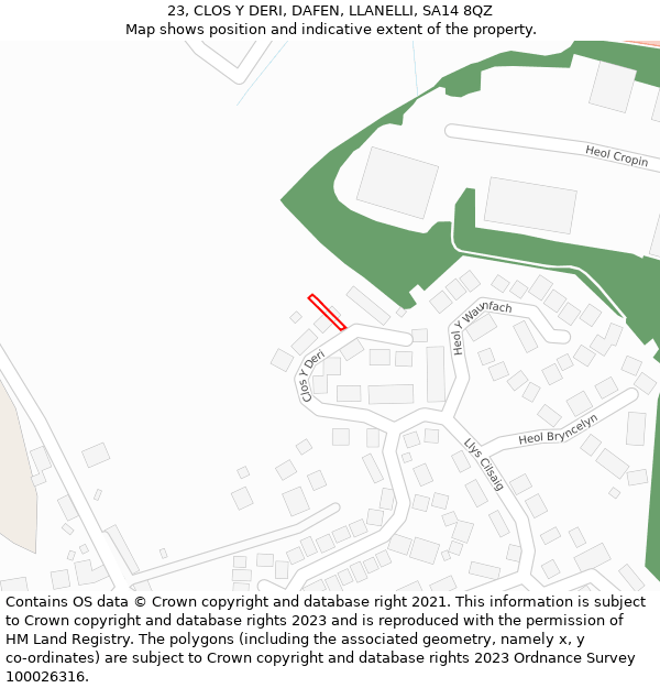 23, CLOS Y DERI, DAFEN, LLANELLI, SA14 8QZ: Location map and indicative extent of plot