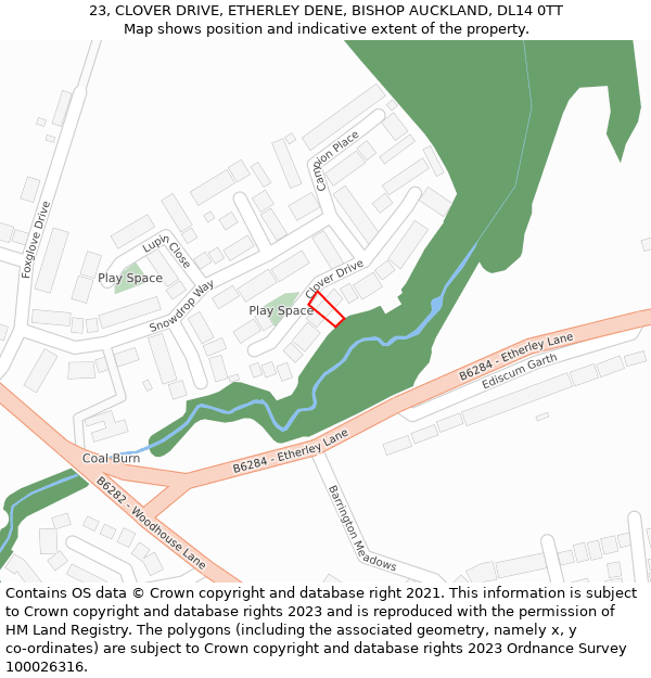 23, CLOVER DRIVE, ETHERLEY DENE, BISHOP AUCKLAND, DL14 0TT: Location map and indicative extent of plot