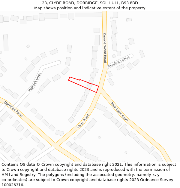 23, CLYDE ROAD, DORRIDGE, SOLIHULL, B93 8BD: Location map and indicative extent of plot