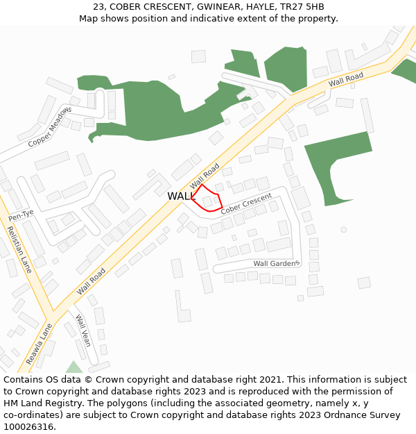 23, COBER CRESCENT, GWINEAR, HAYLE, TR27 5HB: Location map and indicative extent of plot