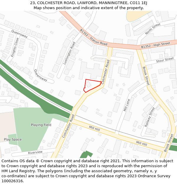 23, COLCHESTER ROAD, LAWFORD, MANNINGTREE, CO11 1EJ: Location map and indicative extent of plot