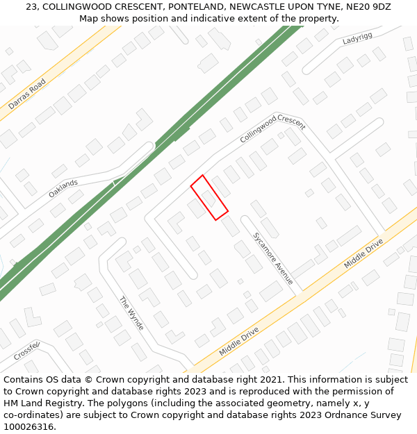 23, COLLINGWOOD CRESCENT, PONTELAND, NEWCASTLE UPON TYNE, NE20 9DZ: Location map and indicative extent of plot