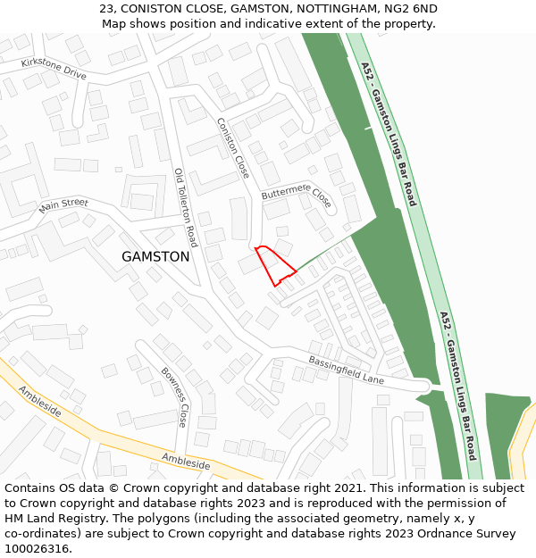 23, CONISTON CLOSE, GAMSTON, NOTTINGHAM, NG2 6ND: Location map and indicative extent of plot