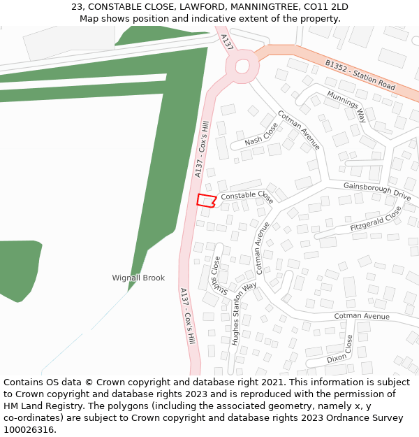 23, CONSTABLE CLOSE, LAWFORD, MANNINGTREE, CO11 2LD: Location map and indicative extent of plot