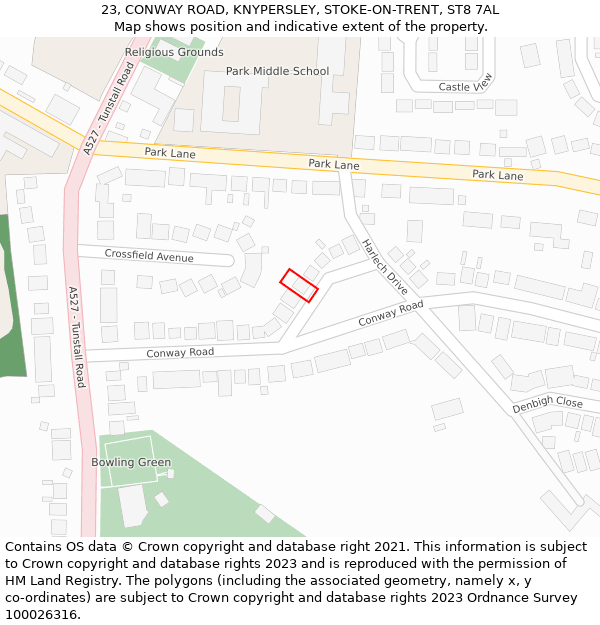 23, CONWAY ROAD, KNYPERSLEY, STOKE-ON-TRENT, ST8 7AL: Location map and indicative extent of plot
