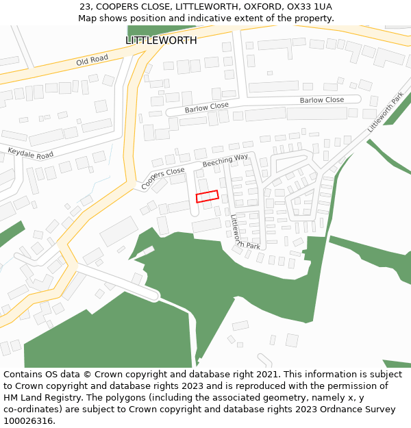 23, COOPERS CLOSE, LITTLEWORTH, OXFORD, OX33 1UA: Location map and indicative extent of plot