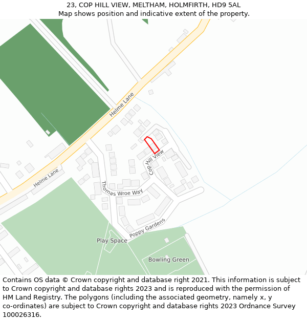 23, COP HILL VIEW, MELTHAM, HOLMFIRTH, HD9 5AL: Location map and indicative extent of plot