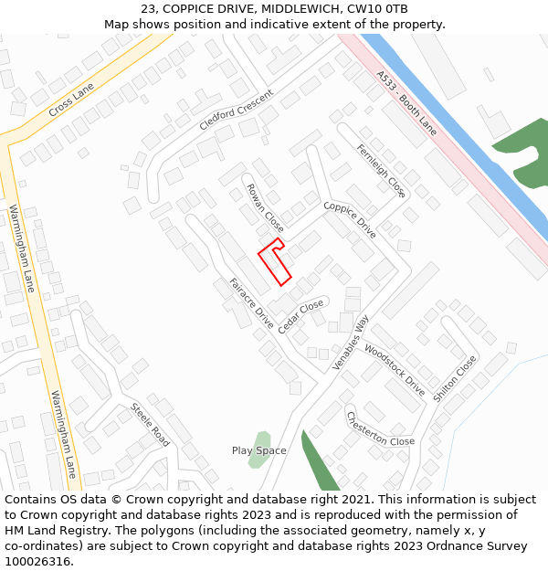 23, COPPICE DRIVE, MIDDLEWICH, CW10 0TB: Location map and indicative extent of plot