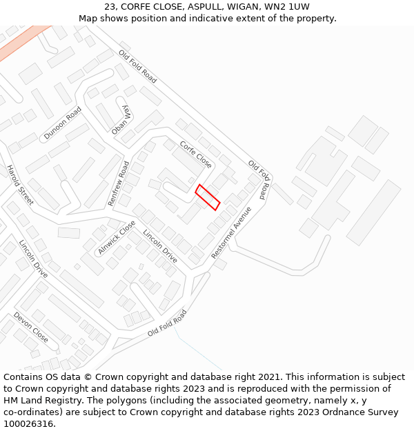 23, CORFE CLOSE, ASPULL, WIGAN, WN2 1UW: Location map and indicative extent of plot