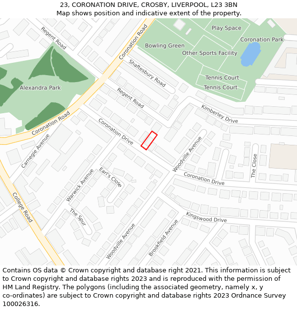23, CORONATION DRIVE, CROSBY, LIVERPOOL, L23 3BN: Location map and indicative extent of plot