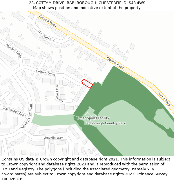 23, COTTAM DRIVE, BARLBOROUGH, CHESTERFIELD, S43 4WS: Location map and indicative extent of plot