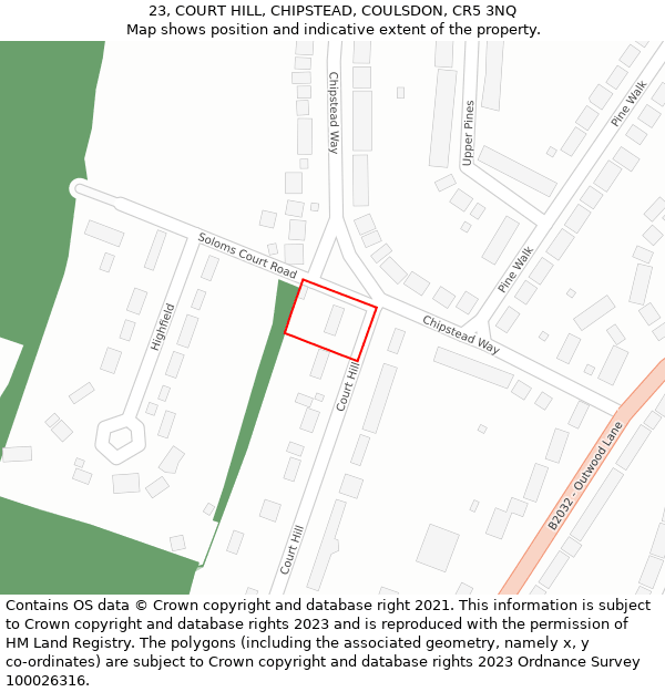 23, COURT HILL, CHIPSTEAD, COULSDON, CR5 3NQ: Location map and indicative extent of plot