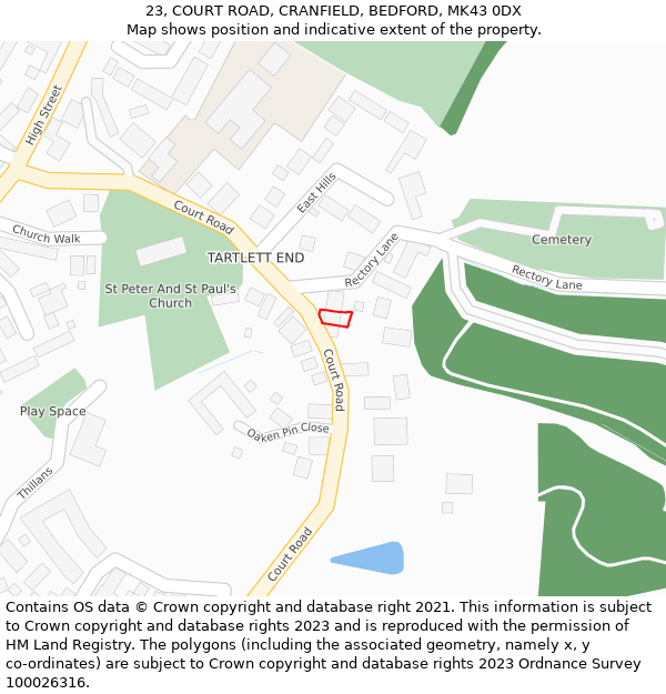 23, COURT ROAD, CRANFIELD, BEDFORD, MK43 0DX: Location map and indicative extent of plot