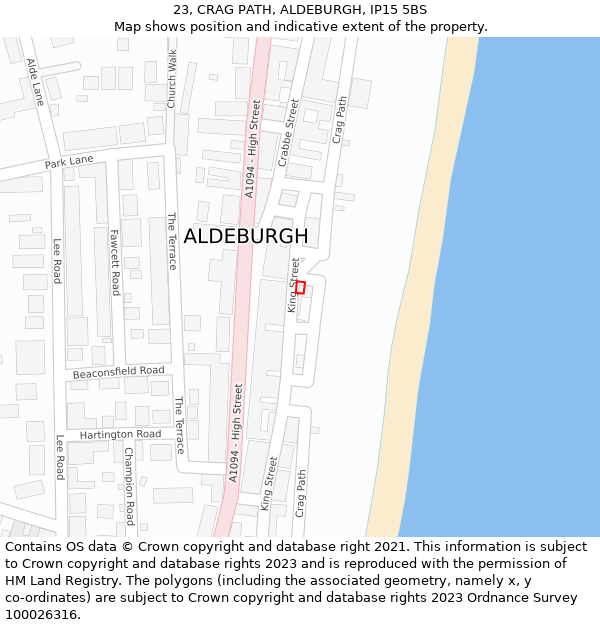 23, CRAG PATH, ALDEBURGH, IP15 5BS: Location map and indicative extent of plot